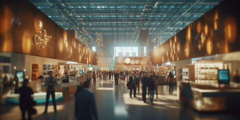 Vibrant Atmosphere in a Massive Exhibition Hall with Numerous Visitors and Stands - AI generated - obrazy, fototapety, plakaty