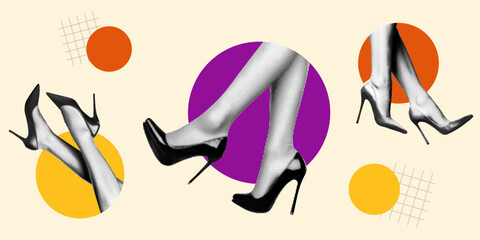 woman legs in high-heeled shoes set concept collage in halftone dotted pop art texture trendy element for mixed media design