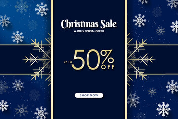 Fototapeta na wymiar Golden Christmas Sale Sign Banner up to 50% off and with shop now CTA button. White and gold snow flake decorations on blue background. Beautiful Christmas Background. Vector Illustration. EPS 10.