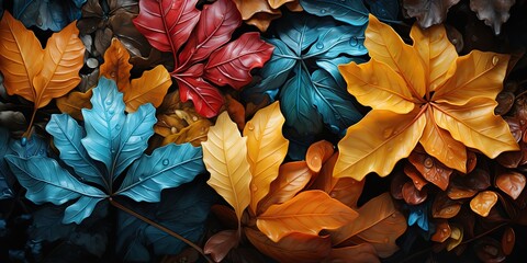 AI Generated. AI Generative. Bright colors autumn leaves background decoration. Graphic mockup nature outdoor pattern texture. Graphic Art