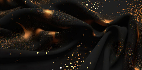 Luxury black silk fabric background with golden glitter.