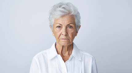 Senior grey-haired woman wearing casual clothes skeptic and nervous, disapproving expression on face isolated on white
