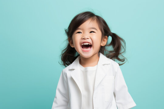 Little asian girl standing on pastel background, laughing out loud, wearing white nurse uniform