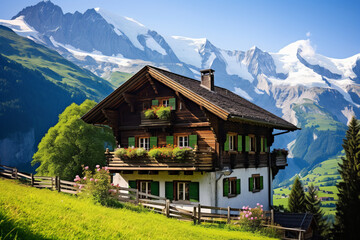 Swiss chalet nestled in the Alps, capturing the charm of Alpine architecture. Wooden house with steeply pitched roofs and mountains in background - obrazy, fototapety, plakaty
