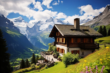 Fototapeta na wymiar Swiss chalet nestled in the Alps, capturing the charm of Alpine architecture. Wooden house with steeply pitched roofs and mountains in background
