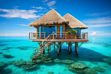 Floating house on the waters of a tropical lagoon, architecture of island communities. Wooden house on stilts, with a thatched roof and a spacious view overlooking the turquoise waters