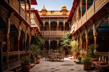Obraz premium View of an Indian haveli a grand mansion house with intricate carved wooden facades and courtyard showcasing the rich architectural heritage of India.