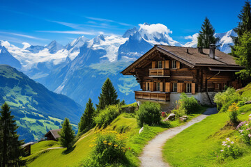 Swiss chalet nestled in the Alps, capturing the charm of Alpine architecture. Wooden house with steeply pitched roofs and mountains in background - obrazy, fototapety, plakaty