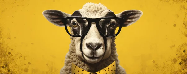 Fotobehang Funny sheep with cool glasses with colored tie.  On blue color full vivid background. © amazingfotommm
