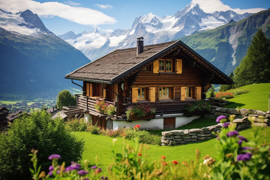 Swiss chalet nestled in the Alps, capturing the charm of Alpine architecture. Wooden house with steeply pitched roofs and mountains in background