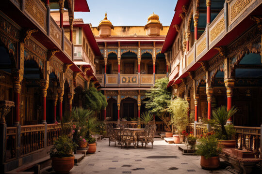 View of an Indian haveli a grand mansion house with intricate carved wooden facades and courtyard showcasing the rich architectural heritage of India.