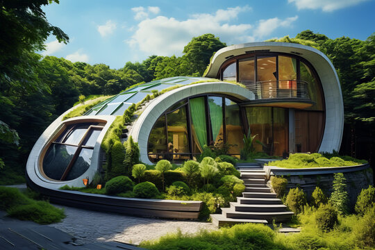 Futuristic eco-house, representing the cutting-edge architecture of sustainable living. House made of recycled materials with green roofs, solar panels, and rainwater harvesting systems.