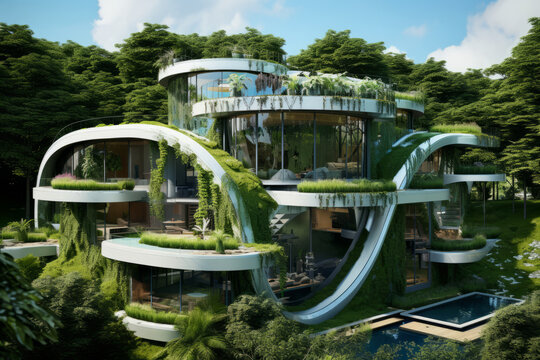 Futuristic eco-house, representing the cutting-edge architecture of sustainable living. House made of recycled materials with green roofs, solar panels, and rainwater harvesting systems.