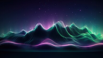 Abstract futuristic background with pink green glowing neon moving high speed wave lines mountain of data and bokeh lights.