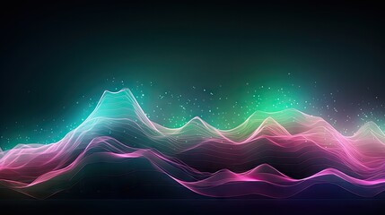 Abstract futuristic background with pink green glowing neon moving high speed wave lines mountain of data and bokeh lights.