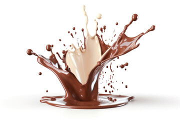 Chocolate Milk splash isolated on white - Creamy Chocolate: Captivating Milk Splash on White Background. Generative AI.