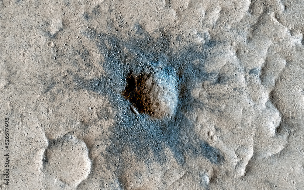 Wall mural planet mars exploration. impressive impact crater on mars surface. digital enhancement of an image b