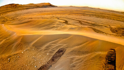 Planet Mars exploration. Wide angle view of Mars surface in orange color. Image taken by the Mars...