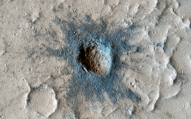 Planet Mars exploration. Impressive impact crater on Mars surface. Digital enhancement of an image...