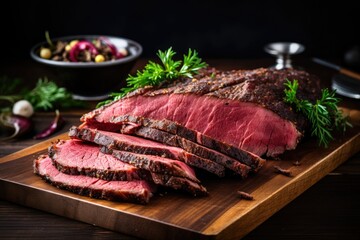 Fresh sliced of beef pastrami on a wooden cutting board.