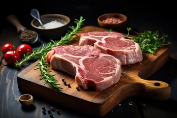 Fresh raw pork chops on a cutting board.