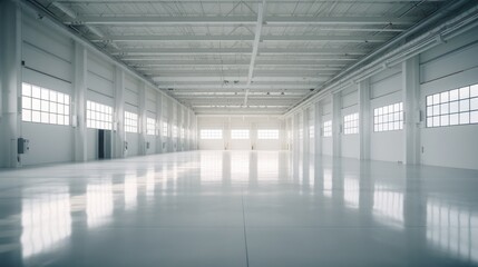 Empty of Modern factory for manufacturing production plant or large warehouse. Polished concrete floor clean condition and space for industry product. Generative Ai