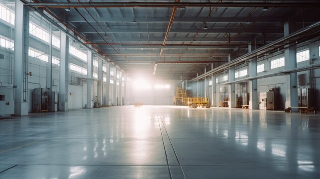 Empty of Modern factory for manufacturing production plant or large warehouse. Polished concrete floor clean condition and space for industry product. Generative Ai