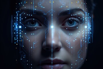 Young woman experiencing face scanning, face id concept.