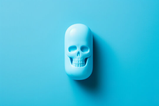Blue pill with abstract skull on blue background. Drug concept