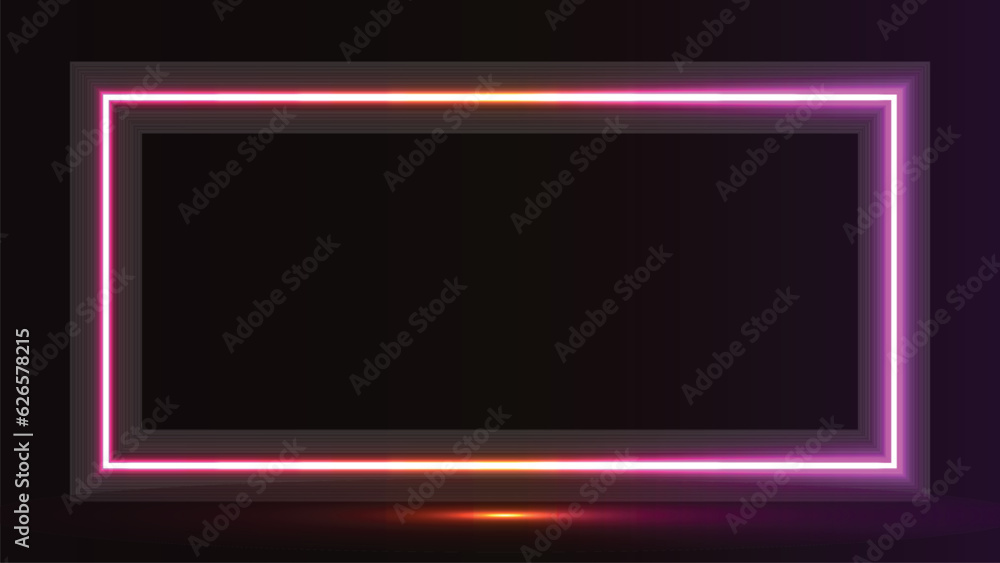 Poster square picture frame design with glowing neon effect color on black background
