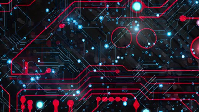 A mesmerizing animation representing a journey through the intricate network of two-dimensional electric circuits. The landscape consists of lines and dots, glowing in red and blue