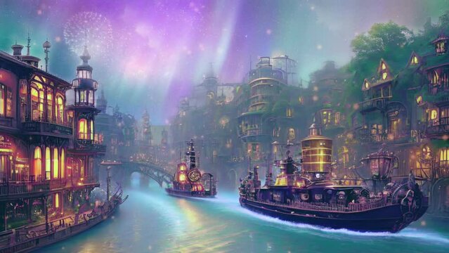 beautiful panoramic sky as boat crosses river in water city steampunk illustration style