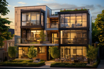 Modern urban townhouse, representing the contemporary architecture of bustling cities. Sleek and stylish house with clean lines, large windows, and rooftop gardens.