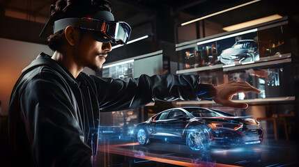 Futuristic image featuring a person wearing sleek augmented reality glasses, engaging with a stunning array of virtual objects in a seamlessly integrated environment. Topic of research and IT science.