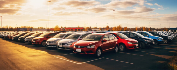 Row of different new cars, wide banner - obrazy, fototapety, plakaty