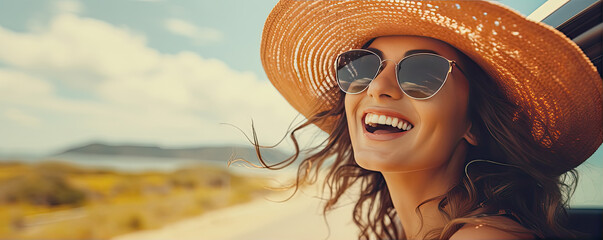 Cheerful beautiful woman portrait on seaside road. panorama vacation concept - obrazy, fototapety, plakaty