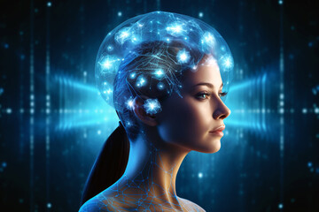 Obraz premium Digital brain and technology. A future with a woman and neon lights. Digital communication of a human brain with artificial intelligence. Science and technology. Generative AI.