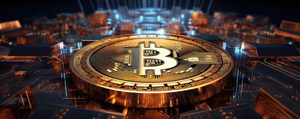 Naklejka premium Bitcoin with gold lights. wide banner