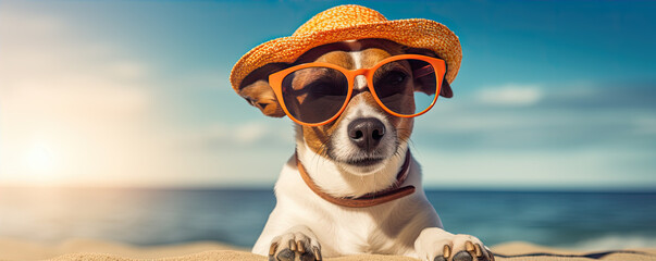 Cool dog with sunglasses and hat on the beach. copy space for text - obrazy, fototapety, plakaty