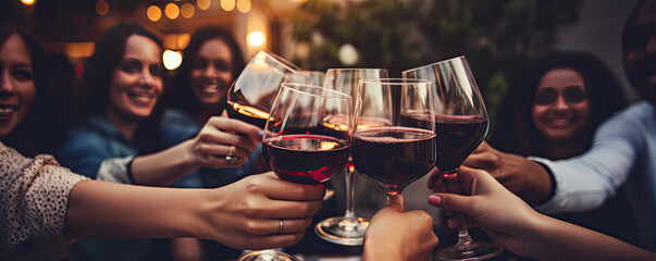 Group of young people celebrating and tasting or drinking red vine. - obrazy, fototapety, plakaty