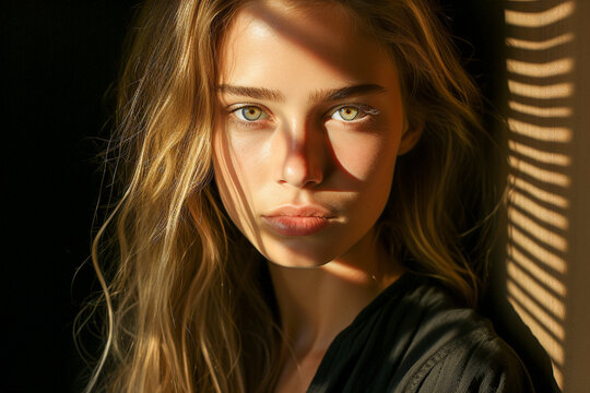 Light and shadow on a blond woman's face.