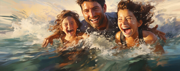 Happy familly having fun and smile in water sea waves. - obrazy, fototapety, plakaty