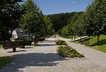 Beautiful spa colonnade with blooming flowers on a summer day, Czech Republic