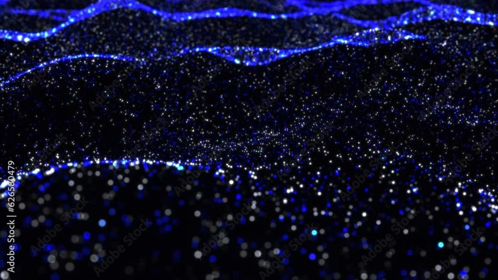 Poster high blue flowing moving on waved surface. cyber sea waves floating dots background. global network 