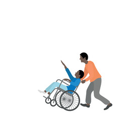 Two dark-skinned people in motion, one of them is in a wheelchair, isolate on white, flat vector
