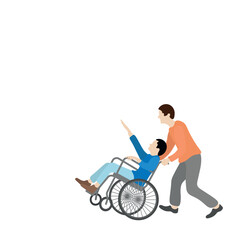 Two people in motion, one of them in a wheelchair, isolate on white, flat vector