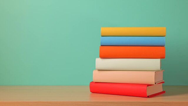 Back to school background. Book stack on the desk. Stop motion