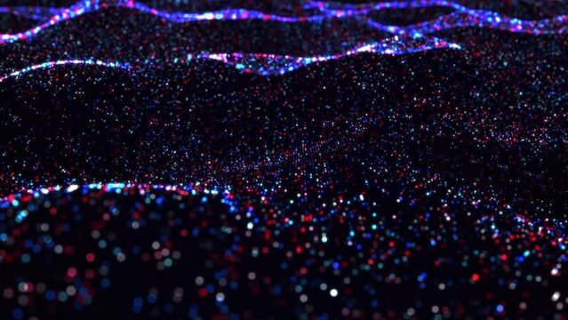 Red white cyber sea waves floating dots background. Global network slow waving ocean concept backdrop. Abstract wavy data space creative motion design. Flowing moving on waved surface.