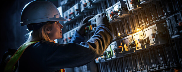 Fototapeta na wymiar electrician woman installing a electric switchboard system,