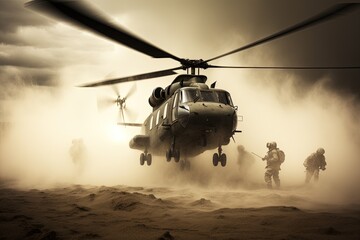 Military operation in the desert. Helicopter landing and landing of infantry.